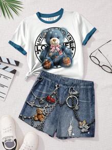 SHEIN Leap Crew Y2K 复古链条图案，泰迪熊印花，少女休闲简约短袖上衣和短裤两件套，适合夏季霓虹海滩风情，波西米亚嬉皮风格，音乐节返校服饰，2000 年代风格，Y2K 服饰 - 彩色 - 查看 5