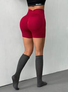 Dewbera Pantalones cortos deportivos elásticos sin costuras de cintura alta de unicolor