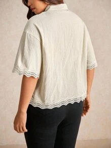 Elaquor 大码休闲蕾丝拼布长袖开衫衬衫 - 杏色 - 查看 2