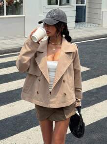 Muchica Fall Clothes Back To School  Casual Women's Khaki Woven Long Sleeve Trench Coat - Khaki - View 3