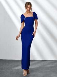 CLARA VERO Phong cách thanh lịch, cổ vuông với chi tiết kim cương giả, đầm dài màu đen - Màu xanh lam - Xem 5