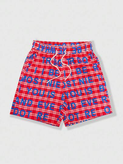 Prep Men's Letter & Plaid Printed Drawstring Waist Loose Casual Shorts