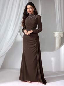 Coutiva 女式立领长款晚礼服 - 咖啡棕 - 查看 6