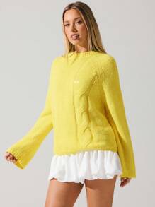 Menodora SHEIN Sport Women's Casual The Light Yellow Semi-High Neck Twisted Sweater Coat Is Slim And Versatile For Autumn,Back To School,Contains Wool Content - Yellow - View 2