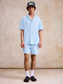 Surfspeed Men's Solid Color Lapel NeckShort Sleeve Shirt And Shorts Beach Outfit