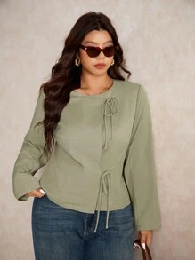 Elaquor 大码女式纯色长袖前系带休闲夹克 - 軍綠色 - 查看 7