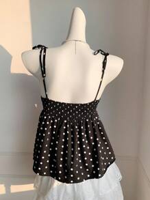 SHEIN Comfortcana 黑色波点露脐吊带背心，下摆采用褶皱喇叭形设计，休闲百搭。黑色波点吊带娃娃衫。 - 黑色 - 查看 4