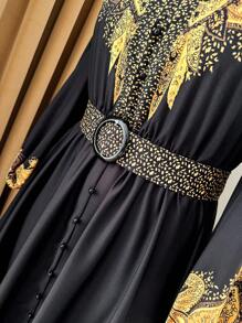 Rometta Never Out Of Style: Gothic Prep With A Wednesday Twist. Embrace Your Inner Shadow Dark Feminine Fashion. Plus Size Women's Popular Fashionable Versatile Thailand Maldives Travel Beach Resort Bohemian Floral Print Waist Cinched Round Neck Long Sleeve Flared Maxi Dress, Spring/Autumn/Winter Fall Cloth For Women