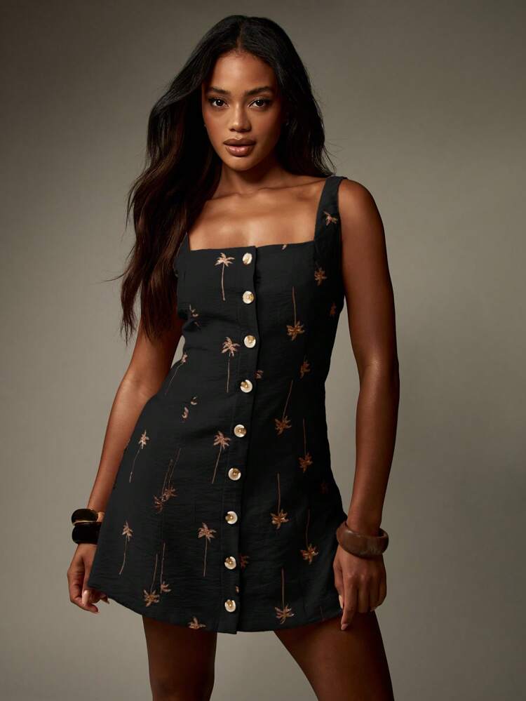 MISSGUIDED Palm Tree Embroidered Linen Feel Button Down Mini Dress Square Neck Sleeveless Summer Beach Resort Wear Sundress Vacation Holiday A-Line Short Dress