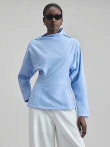 Ontre 女式秋季蓝色蝙蝠袖收腰时尚衬衫，简约时尚都市商务休闲上衣，适合办公室、海岛度假、郊游 - 藍色 - 查看 2