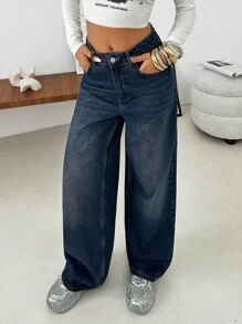 EURMUSE WOMEN WIDE LEG LOW WAIST JEANS - Medium Wash - View 5