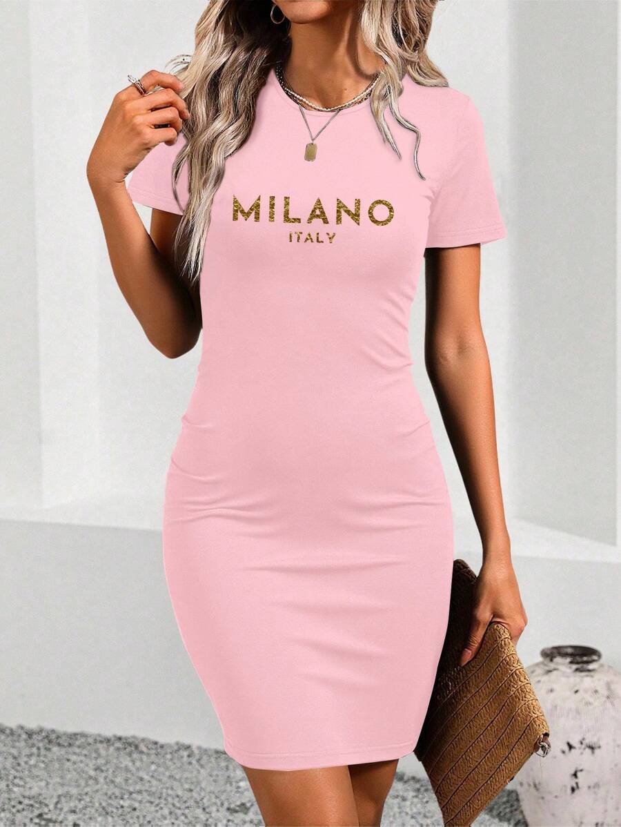 Robe d'été à col rond et manches courtes avec motif lettrage pour femme - Rose pâle - Voir 1