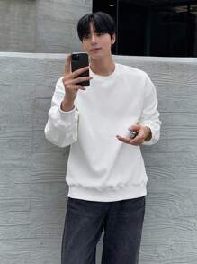 DAZY 男士纯白色纹理面料套头衫，秋季 - 白色 - 查看 7