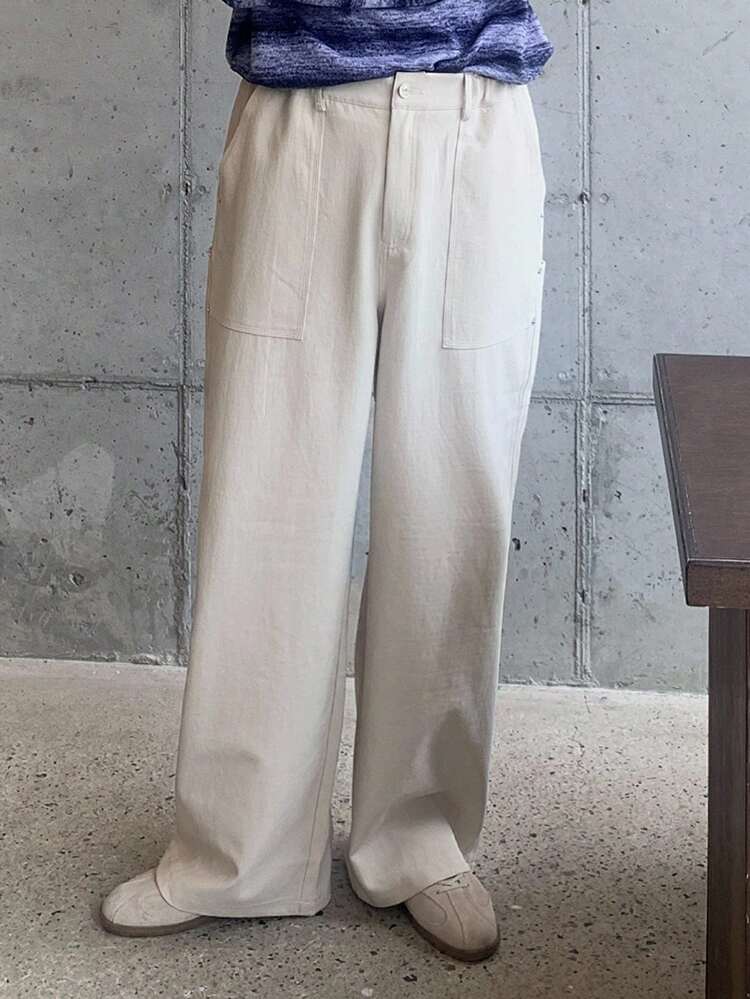 Men's Solid Color Khaki Elastic Waist Casual Pants, Suitable For All Seasons