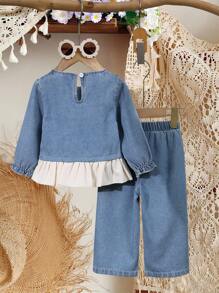 SHEIN Vintaside Kids 女宝宝韩版优雅3D蝴蝶结时尚套装，秋冬 - 藍色 - 查看 3