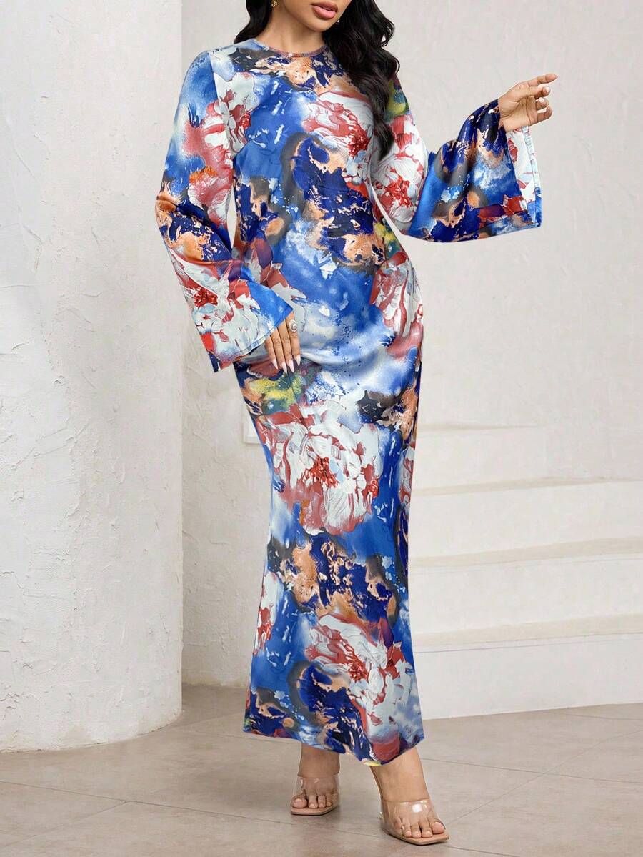 Veilorie 女士优雅扎染绿色印花喇叭袖连衣裙，系腰带和美人鱼下摆，长款缎面连衣裙 - 藍色 - 查看 1