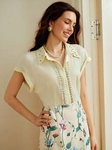 Omancia New Autumn Elegant Silk Linen Nail Beads Rhinestone Lapel Shoulder Short Sleeve Shirt Print Hip-Wrapped Dress Suitable For Festivals, Back To School, Teacher's Dress, Halloween, Thanksgiving - Yellow - View 4