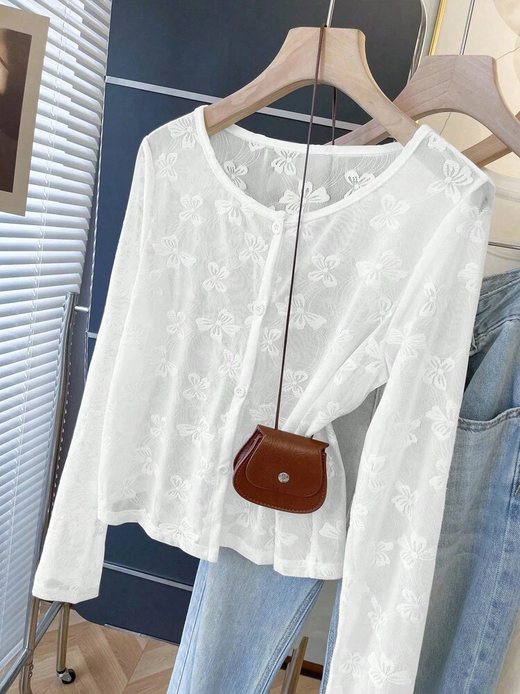 Jaqueta Leve Casual e Versátil com Jacquard de Borboleta para Mulheres - Branco - Visão 4