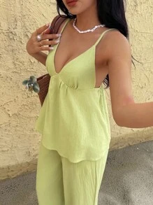 INAWLY Women Summer Solid Color Pleated Camisole And Pants Casual 2pcs Set - Yellow - View 5