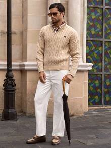 HIMLAND Men's Autumn/Winter Zipper Half-Open Chest Fashionable Knitted Pullover Sweater, Casual Knitwear Cable Knit Sweater Men Knit Jersey Quarter Zip Polo Sweater, Long Sleeve Top - Apricot - View 5