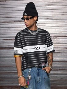 AXEPEAK 男士日常休闲时尚条纹上衣宽松圆领短袖T恤 - 黑色 - 查看 4