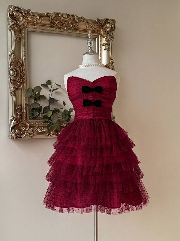 SHEIN Belle Burgundy Red Gorgeous And Cute Wine Red Off-Shoulder Bow Decoration Multi-Layered Gauze Cake Skirt Suitable For Graduation Ceremony Holiday Party Dance Gowns