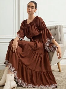Zanirela Autumn/Winter New Women's Off Shoulder Sleeve Floral Contrast Color Embroidery Ruffle Hem Long Sleeve Vintage Layered Flared Waist Maxi Dress - Brown - View 1