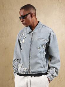 SUMWON Áo khoác denim đính hình ngôi sao rách rưới phong cách đường phố Grunge Áo khoác ngoài thường ngày có khóa kéo phía trước, viền thô, họa tiết ngôi sao, thiết kế hiện đại, tuyên bố thời trang - Màu xanh lam - Xem 2