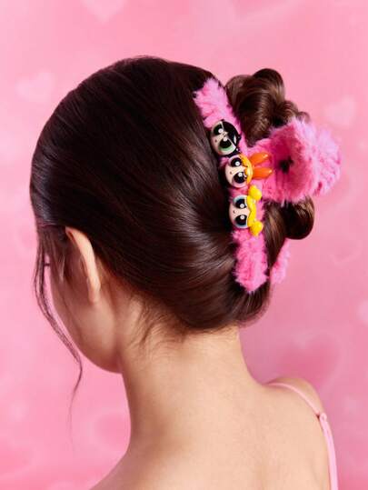 THE POWERPUFF GIRLS X SHEIN Fashionable & Cute Blossom & Bubbles & Buttercup Pink Plush Hair Claw For Women & Girls,Y2K