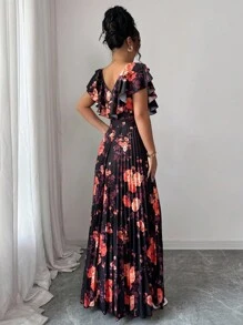 Elenzga فستان نسائي أنيق رومانسي بطبعة رقمية على الرقبة على شكل حرف V، بخصر مكشكش وتنورة على شكل حرف A، بأسلوب عطلة