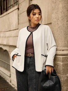 Easura 大码女式长袖休闲修身特制拉链夹克 - 杏色 - 查看 7