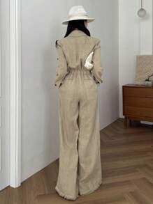 DAZY Bộ áo liền quần dài tay kiểu vintage thường ngày dành cho nữ - Màu Khaki - Xem 4