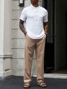 Manfinity Homme 男士夏季休闲短袖衬衫和裤子套装白色亨利衫男士夏季衬衫 - 白色 - 查看 1
