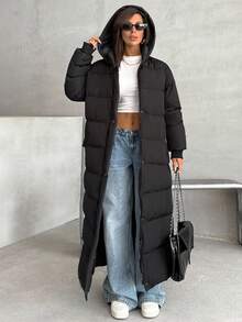 EURMUSE Women Hooded Belt Detailed Padded Long Winter Coat