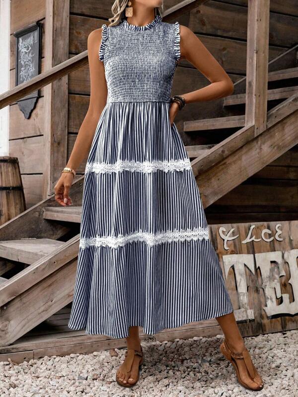 LanaWest Vestido de tirantes sin mangas con bordado de encaje a rayas para vacaciones