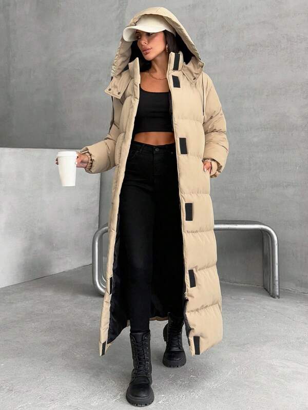EURMUSE Women's Solid Hook And Loop Front Opening Cuff Strapped Casual Maxi Winter Coat