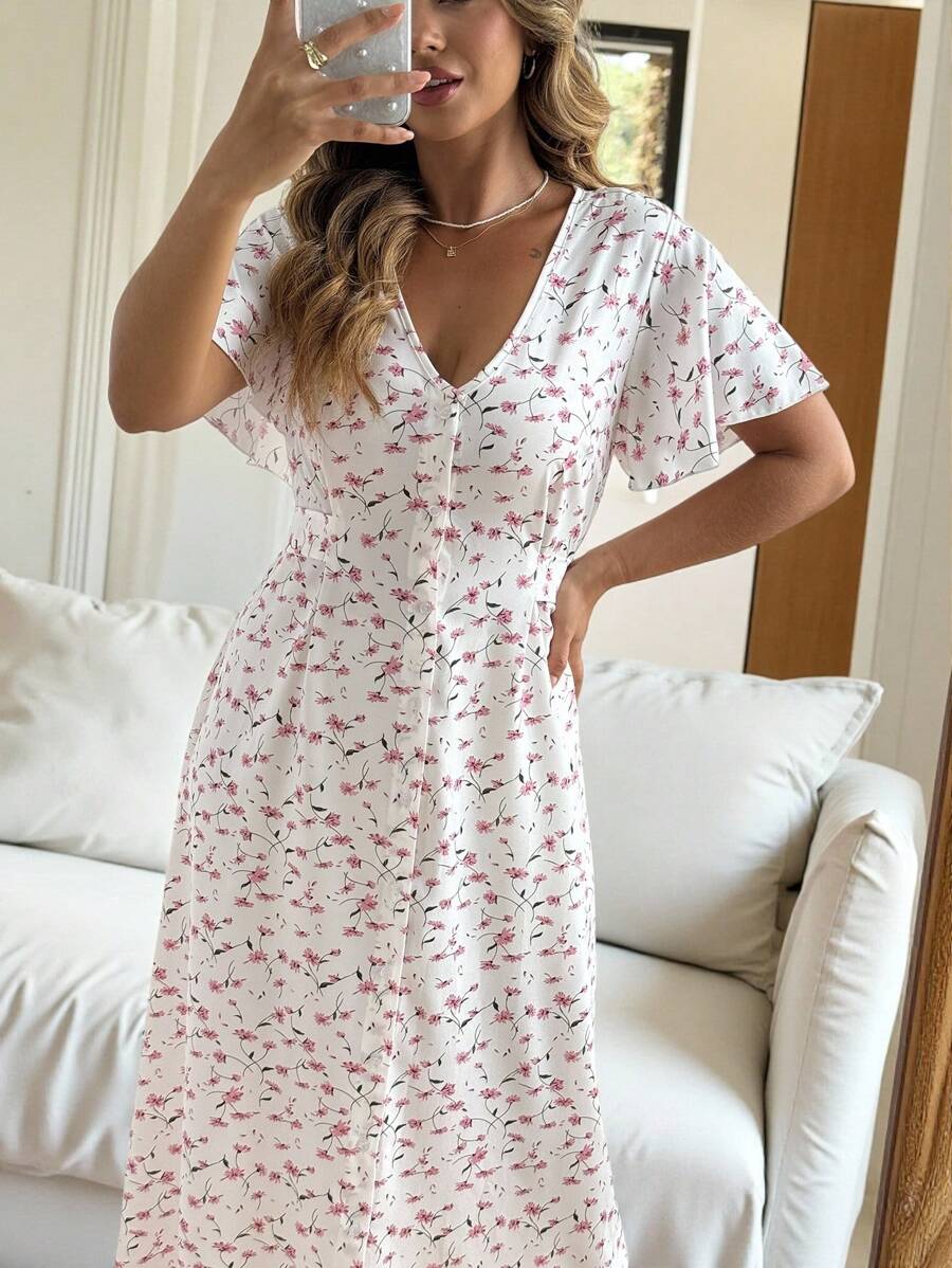 Vionelle 夏季加大码优雅碎花长裙 - 粉色 - 查看 1