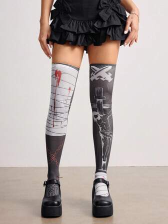Grunge Punk 1 Paar Punk-Stil Kontrastfarbige Kreuz- und Ketten-Bedruckte Überknie-Socken, Anime-Cosplay-Socken für Frauen