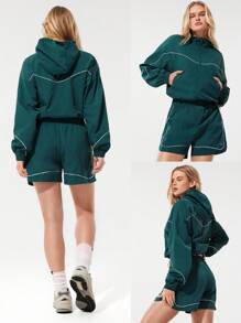 GLOWMODE 清爽光泽光滑轻质对比滚边可调节松紧带风衣连帽夹克中等强度跑步慢跑徒步健身房工作室日常休闲装 - 綠色 - 查看 8