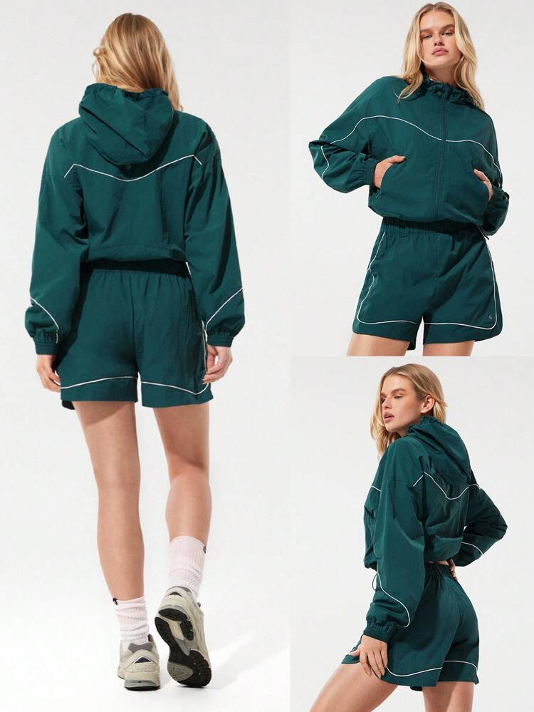 軽量コントラストパイピング調整可能なエラスティックバンド付きウインドブレーカーパーカージャケット、中程度のインパクトのランニング、ジョギング、ハイキング、ジム、スタジオ、デイリーカジュアルウェア