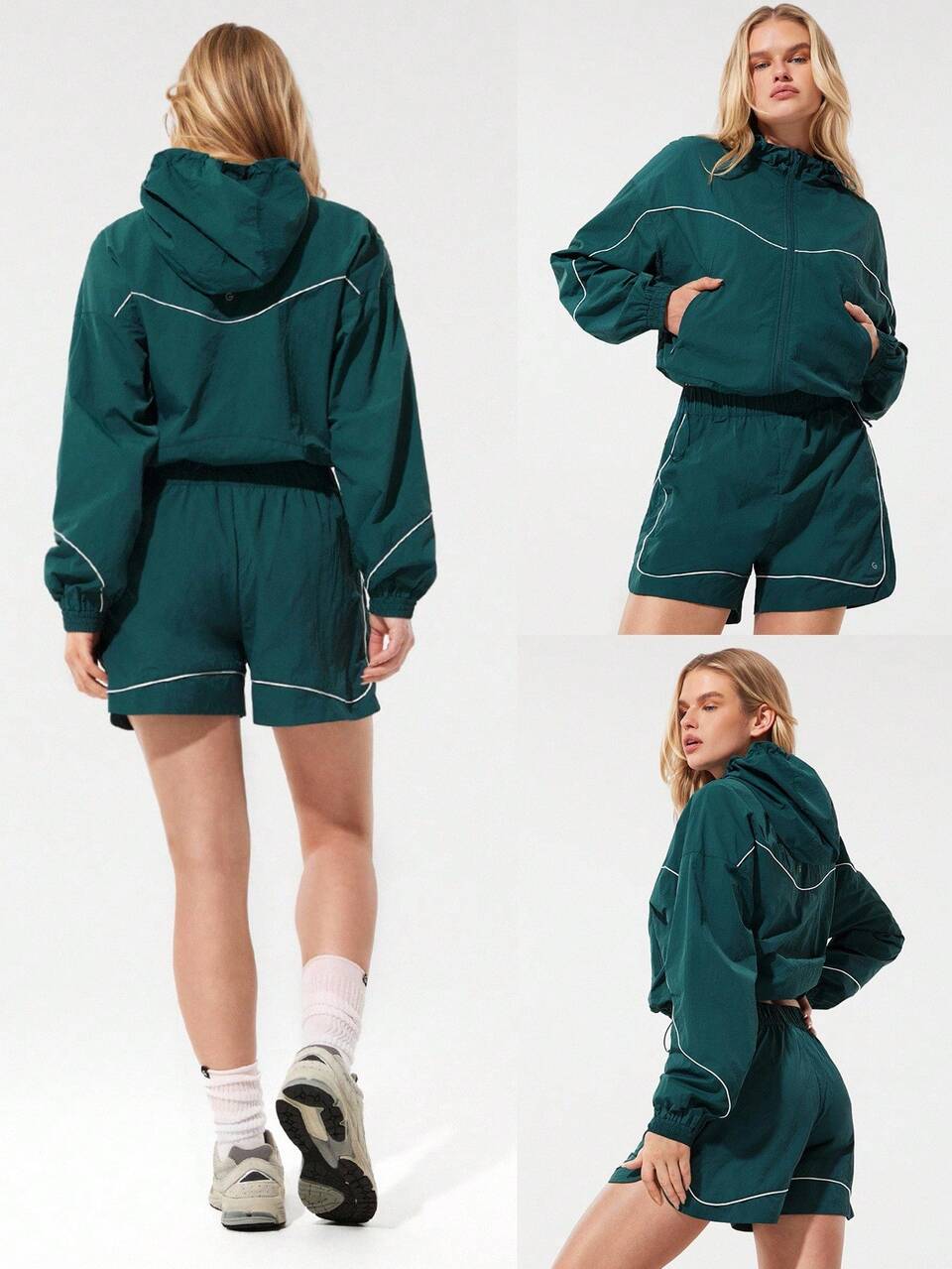Breezy Glow Smooth Lightweight Contrast Piping Adjustable Elastic Band Windbreaker Hoodie Jacket Medium-Impact Running Jogging Hiking Gym Studio Daily Casual Wear