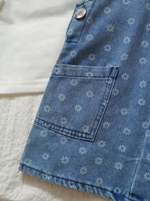 SHEIN Set de 2 piezas de camiseta de manga larga blanca y vestido peto vaquero con estampado floral pequeño para niñas bebés, atuendo casual cómodo para primavera/otoño - Azul - Ver 7