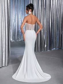 Glamrae Elegante Top Estilo Vintage Branca com Decoração de Pérolas Pregueadas, Amarração Ajustável nas Costas, Saia de Bainha de Sereia com Bordado de Pérolas Luxuoso, Adequado para Várias Ocasiões Formais como Casamentos (Bordado Pesado) - Bege - Visão 4
