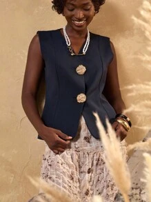 Bóhologie Blazer élégant pour femmes avec boutons dorés de haute qualité, Blazers - Bleu marine - Voir 5