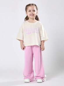 SUMWON Girls Atlanta Two Piece Outfit Boxy Fit T Shirt Wide Leg Pants Co Ord Set Heart Print Casual Spring Summer Wear - Pink - View 1