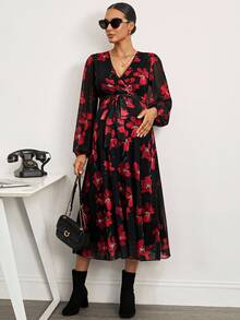 MaterniWear 办公室,商务休闲女装,秋装,秋装,孕妇装秋装孕妇装孕妇花卉印花重叠V领灯笼袖优雅连衣裙 - 黑色 - 查看 5