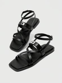 CUCCOO BIZCHIC 女士舒适日常平底凉鞋，方头，细带，金属扣，时尚百搭露趾休闲凉鞋 - 黑色 - 查看 6