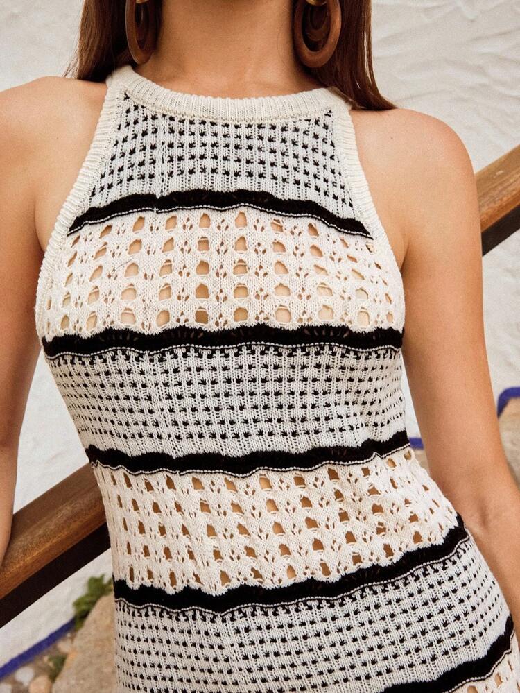 Maija Stylish Women's Sleeveless Black And White Striped Knit Midi Dress, Designed With A Halter Neck, Semi-Sheer Details, And A Flattering Pencil Hem. Beach Clothing, Bohemian Style Vacation Wear, Summer Ins Celebrity Same Style Vacation Style, Exotic Atmosphere, Country Concert, Western Style Clothing, High-Grade Fabric, Comfortable And Breathable Country Concert, Western Style Clothing, High-Grade Fabric, Comfortable And Breathable - Black and White - View 8