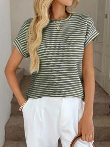 Easowa 女式宽松圆领短袖华夫格纹理条纹 T 恤，休闲优雅度假装 - 彩色 - 查看 6