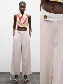 Lumivelle Old Money Style Women Elegant Modern Contrast Color Asymmetrical Waistband Wide Leg Pants Casual Spring For University - Khaki - View 3